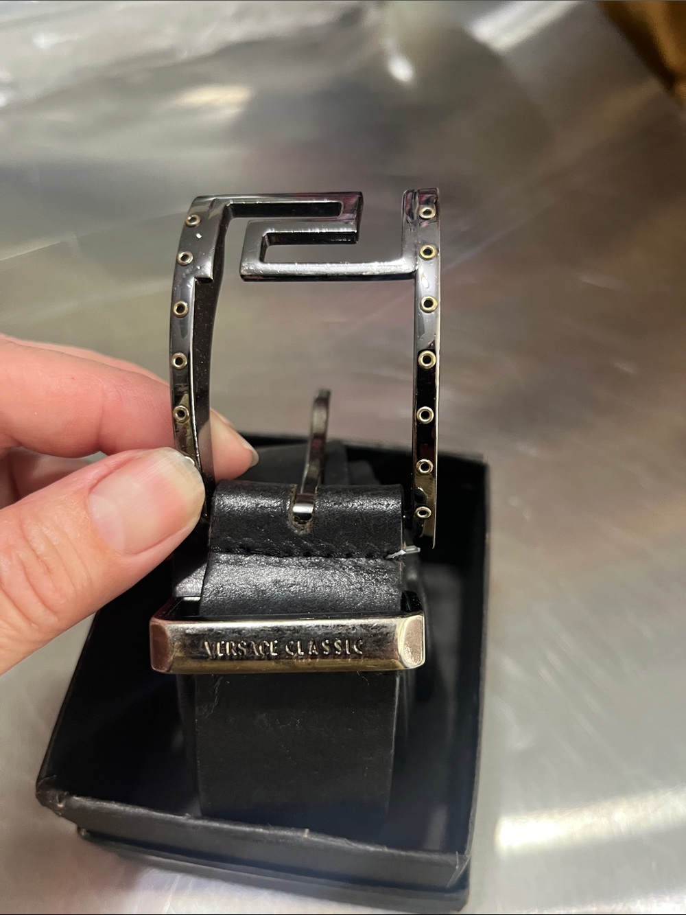 Versace Black Leather Belt with G-Frame Studded Buckle